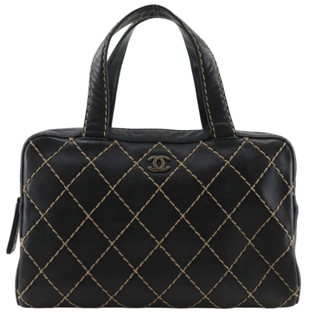 Chanel Surpique Boston Quilted Leather Black Leather Handbag